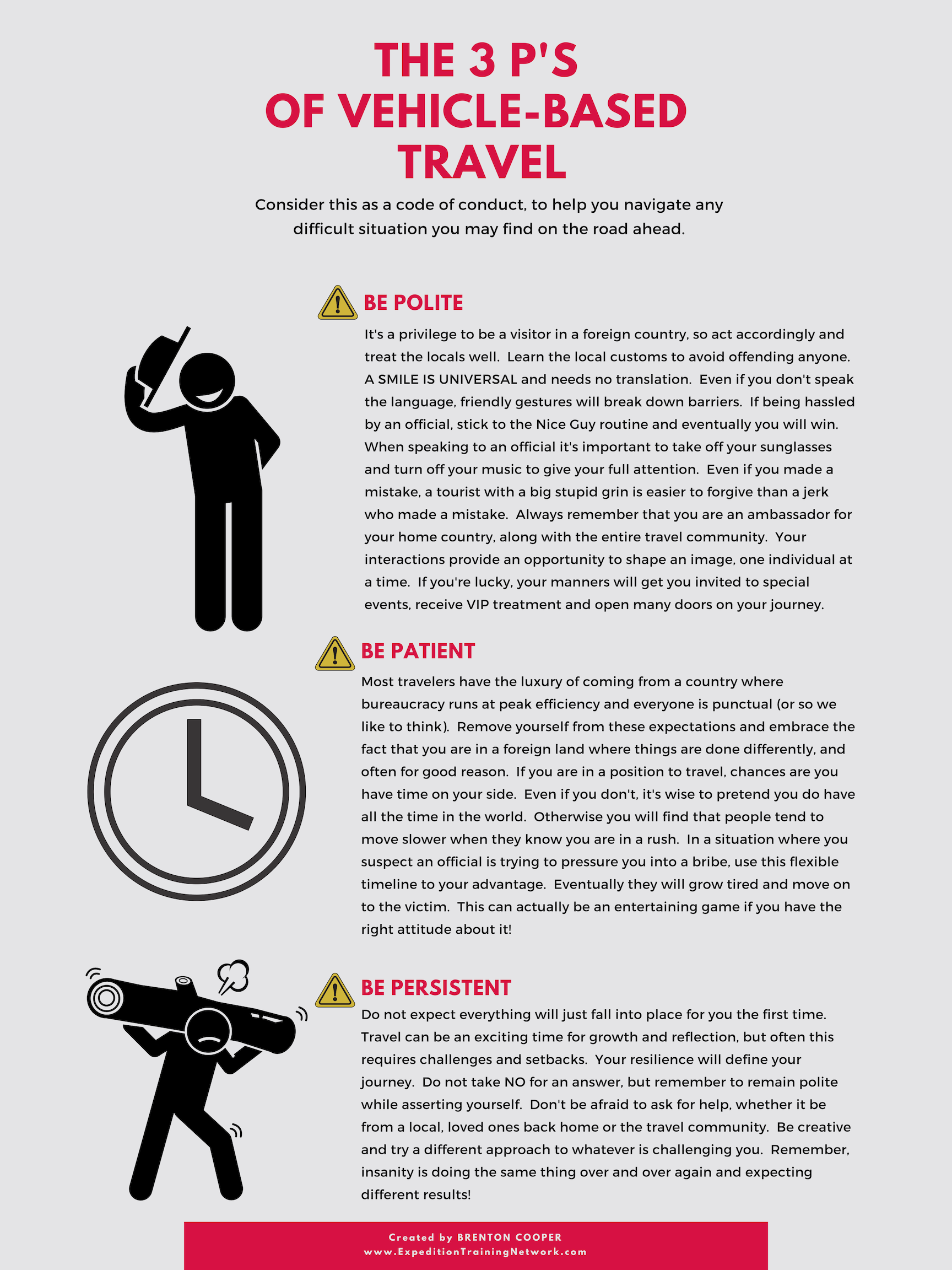 3 P's of vehicle-based travel explained in detail on an info-graphic.  Politeness.  Patience.  Persistence.  Use these 3 valuable virtues to solve any problem when traveling abroad.